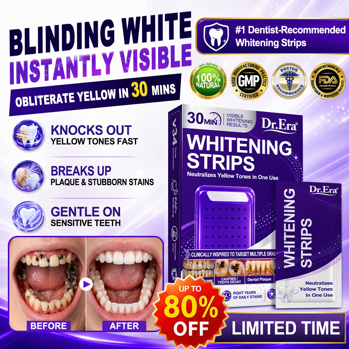 𝐃𝐫.𝐄𝐫𝐚® Purple Teeth Whitening Strips | Whiter-Looking Teeth in 30 Minutes | Fights Yellow Tones, Tough Stains, Plaque & Discoloration | Gentle on Sensitive Teeth