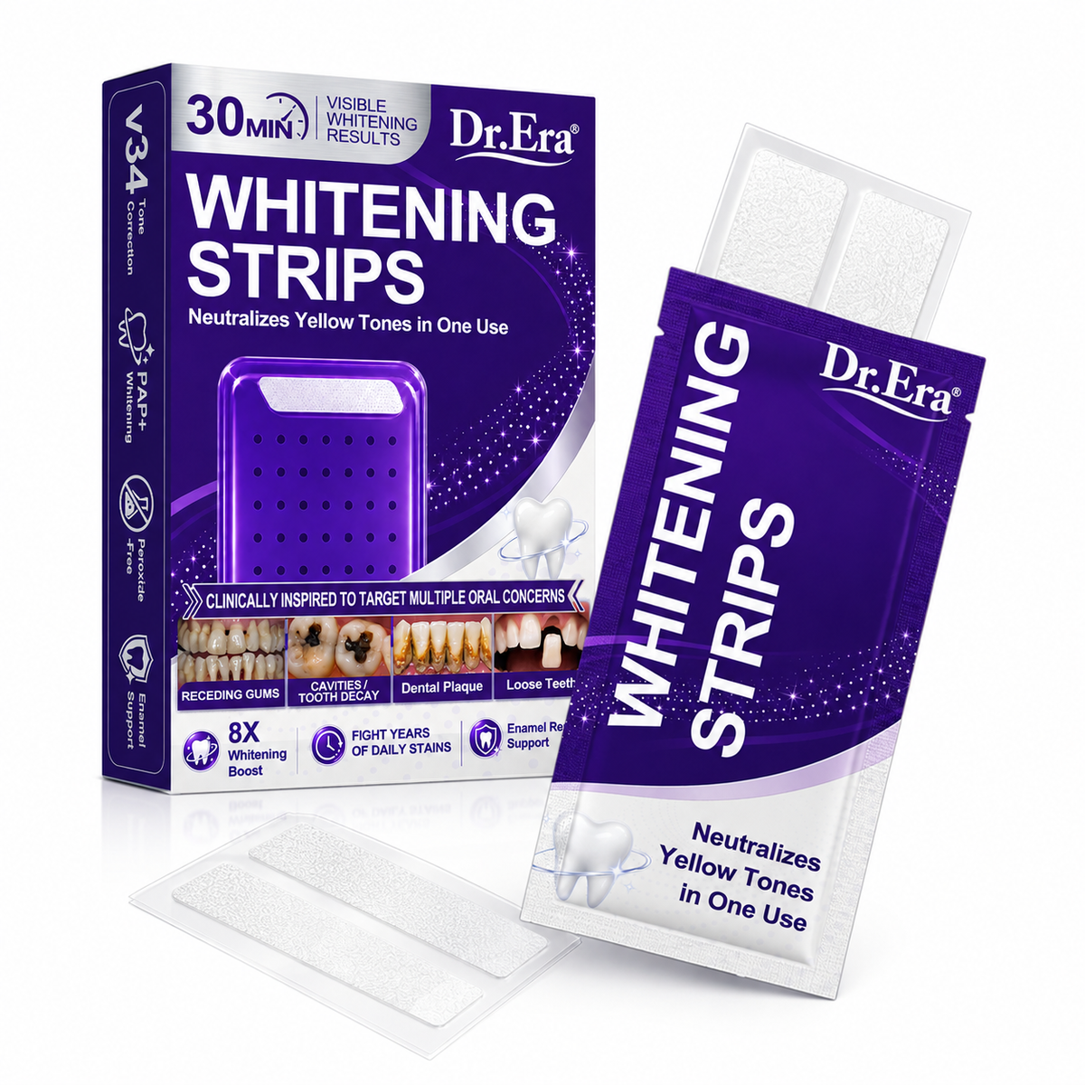 𝐃𝐫.𝐄𝐫𝐚® Purple Teeth Whitening Strips | Whiter-Looking Teeth in 30 Minutes | Fights Yellow Tones, Tough Stains, Plaque & Discoloration | Gentle on Sensitive Teeth